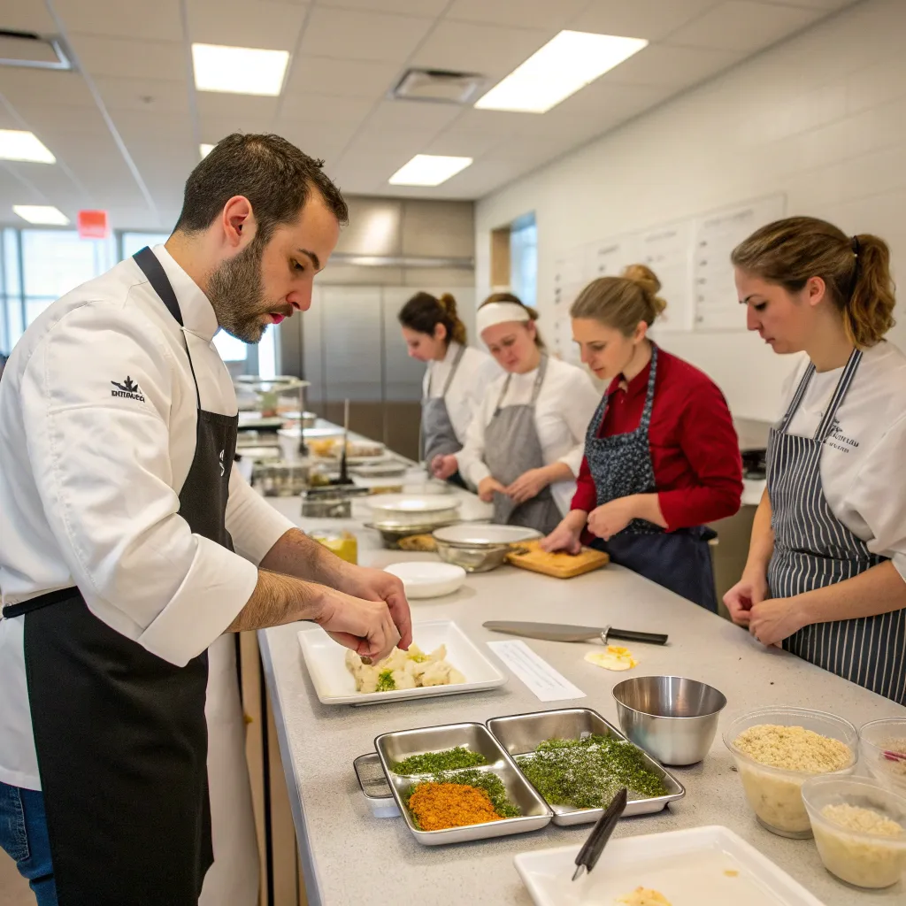 Chef teaching a dish preparation class at PYRENTHIS